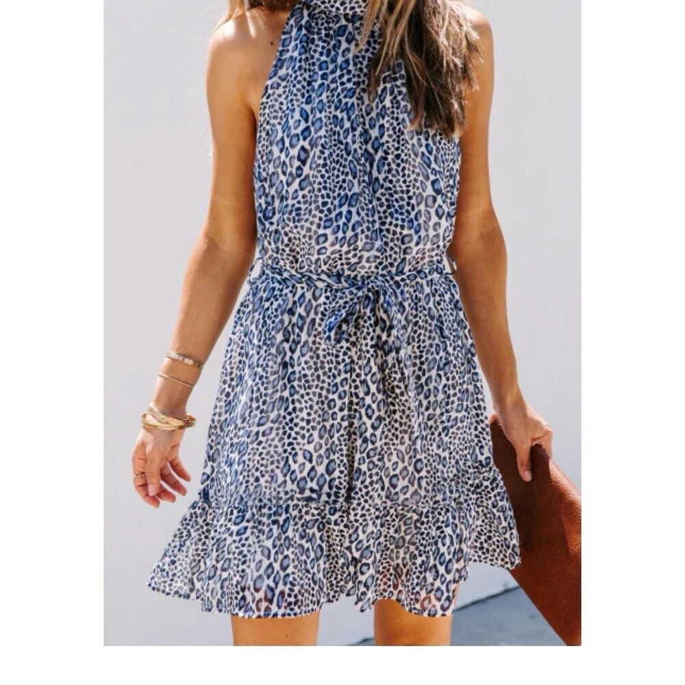 LEOPARD SLEEVELESS MOCK NECK RUFFLE TIE WAIST MINI DRESS.